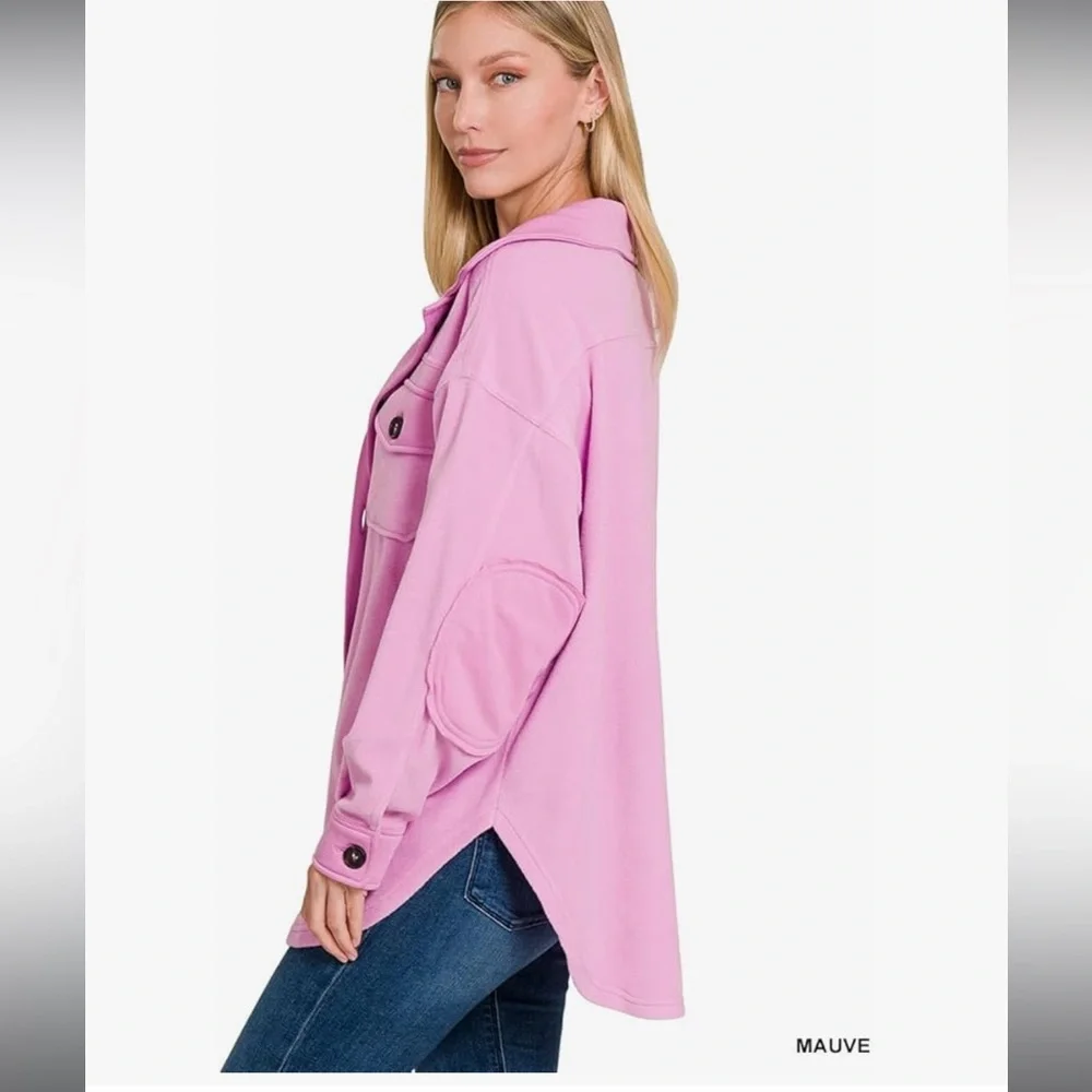 Zenana All About the Fleece Lightweight Button-Down Shacket in mauve small - Picture 4 of 5